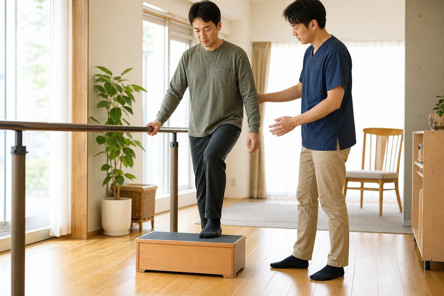 手すりを使用して安全に段差練習を行う場面