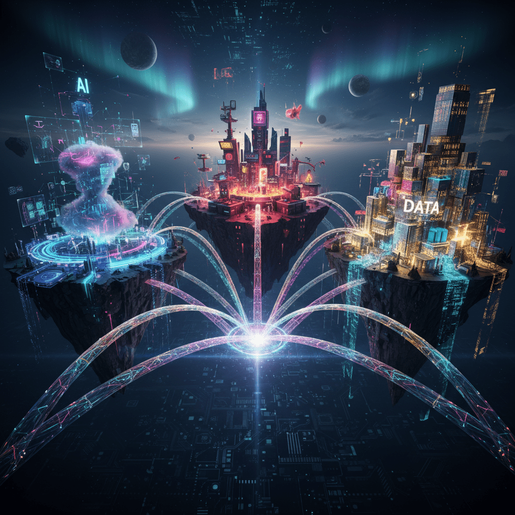 A futuristic digital landscape with zones for AI, gaming, and data, connected by light bridges.
