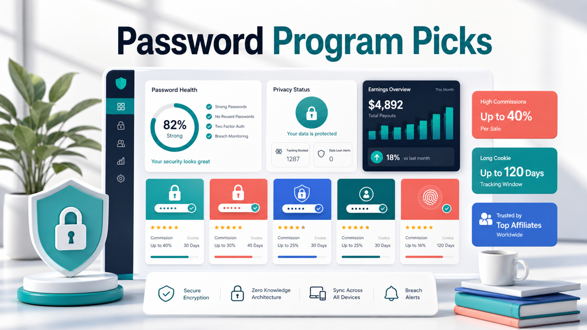 Password manager affiliate programs 2026 dashboard with privacy tools and commission cards