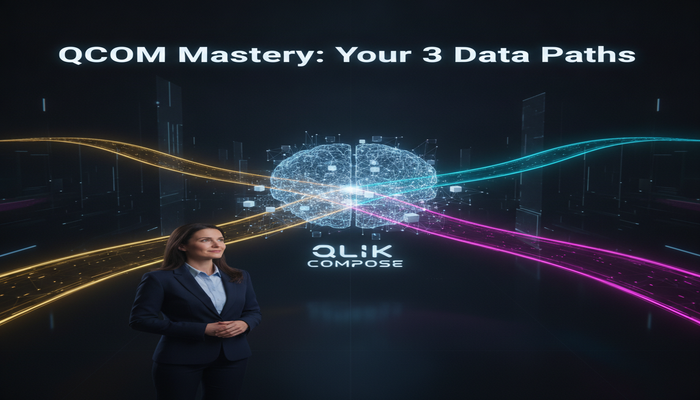 QCOM Mastery: Your 3 Data Paths A professional observing three glowing digital paths converging into a Qlik Compose data integration hub, symbolizing mastery and career growth with the QCOM certification.