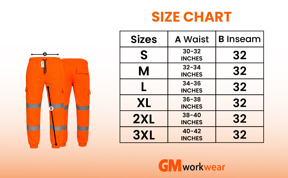 Hi-vis cargo joggers original size chart S to 3XL