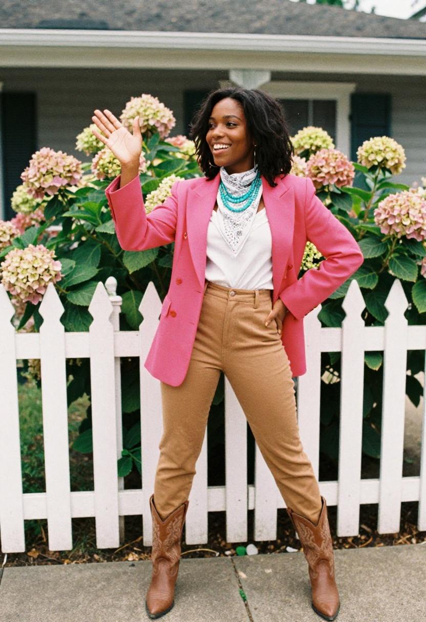 Fuchsia western blazer with chaps-style trousers for playful rodeo event style