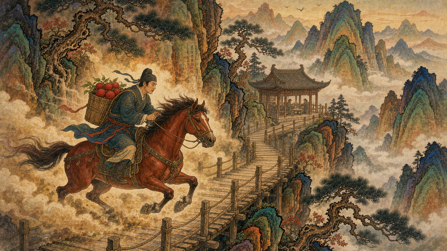 唐代驿使快马疾驰蜀道送荔枝