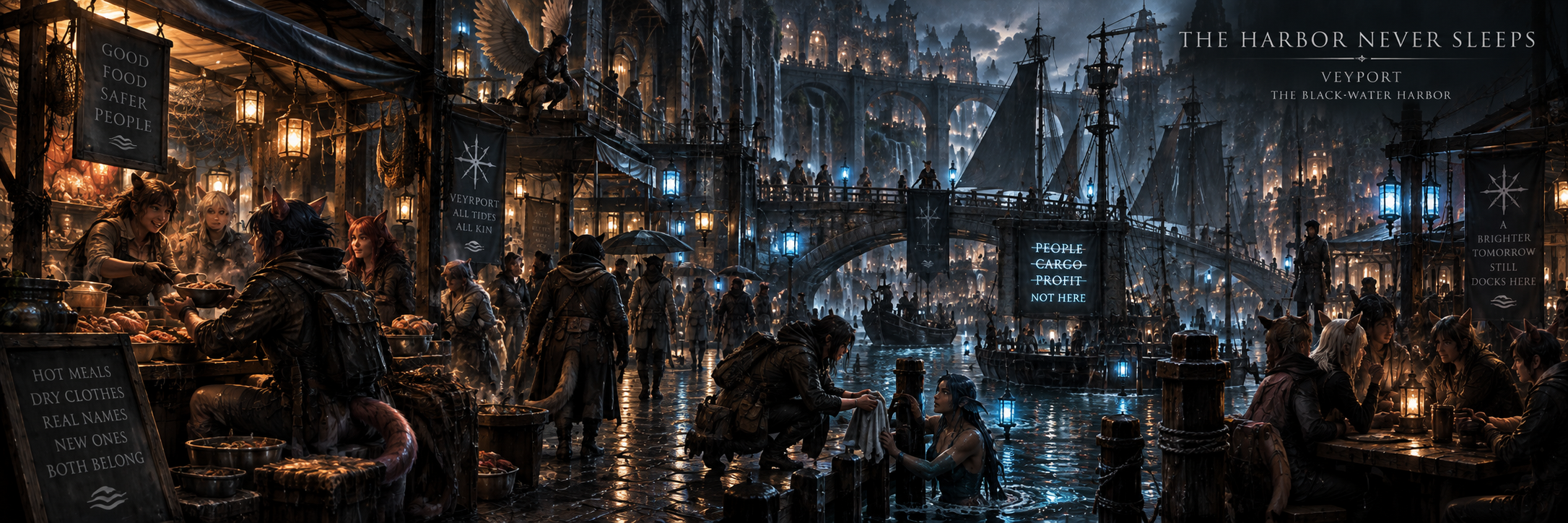 Daily life in the crowded rain-soaked streets and canals of Veyrport