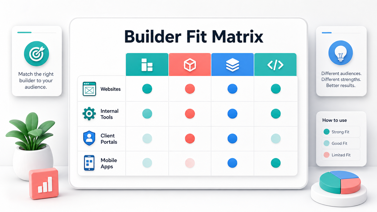 No code builder fit matrix for websites, internal tools, portals, and mobile apps