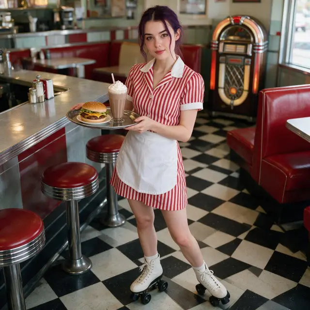 wearing a waitress uniform with vertical red and white stripes, on rollerskates, holding a tray with burger and milkshake, in a 50s diner setting