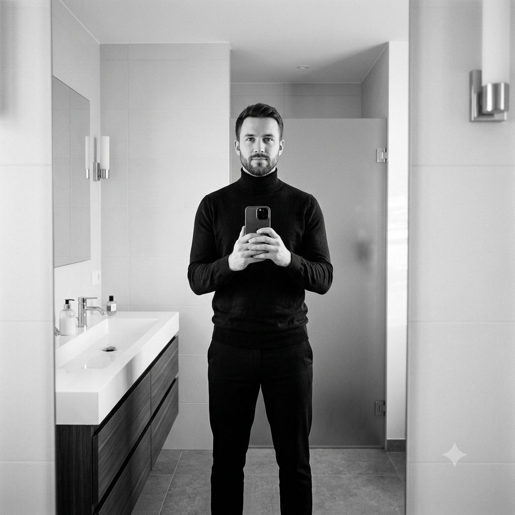 Black and White Mirror Selfie Prompt – Minimalist Elegant Male Portrait