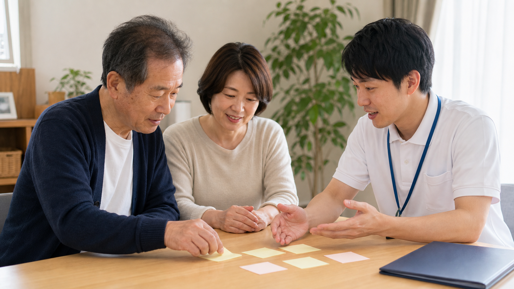 脳卒中後のリハビリ目標を本人家族専門職で話し合う場面