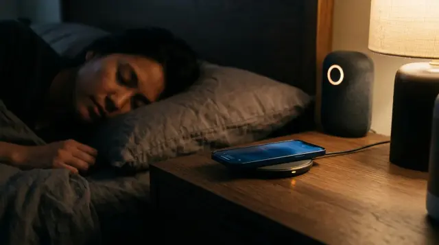 Glowing smartphone on nightstand inches from pillow in dimly lit bedroom, subtly unsettling mood