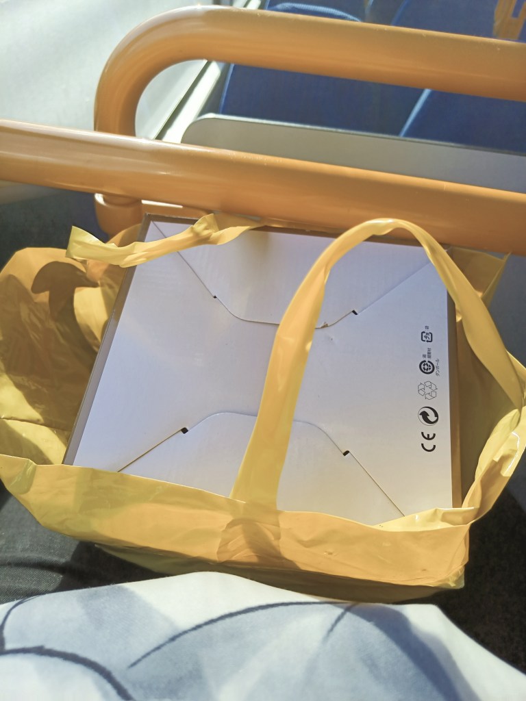 The Nikon box inside the yellow shopping bag.