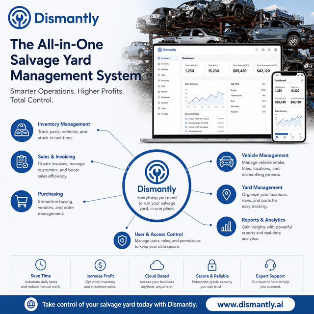 Dismantly’s Smart Inventory Management system helps salvage yards efficiently track vehicles, spare parts, engines, transmissions, and stock levels in real time. The platform reduces manual errors by centralizing all inventory data into one easy-to-use dashboard. Users can quickly search for parts, monitor availability, update stock records, and organize inventory with greater accuracy. This feature improves operational efficiency by eliminating paperwork and minimizing inventory losses. With automated tracking and instant access to inventory details, salvage yard businesses can save valuable time, improve customer service, and maintain better control over daily operations. Dismantly ensures inventory management becomes faster, smarter, and more profitable for modern salvage yards.

More Info : https://www.dismantly.ai/
