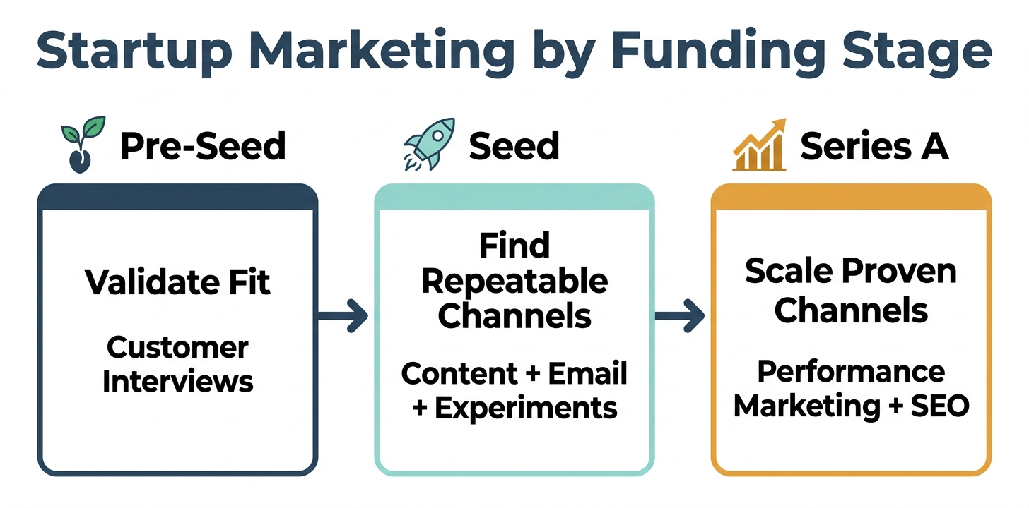 Three-column infographic comparing startup marketing tactics across Pre-Seed, Seed, and Series A funding stages