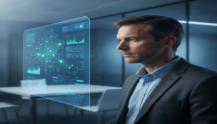ZDXA Exam: Unlocking Examiner Insights An IT professional analyzing holographic Zscaler Digital Experience (ZDX) data, with complex metrics transforming into clear insights, representing preparation for the ZDXA certification exam.