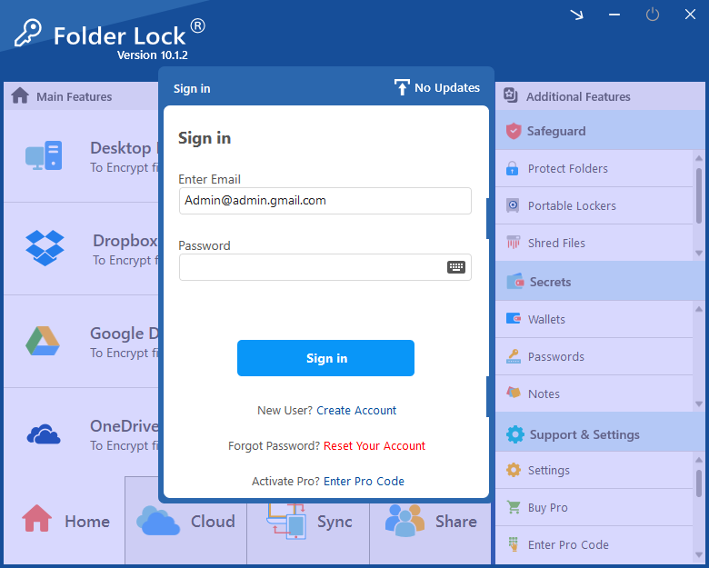 Folder Lock sign-in screen for authorized account and password recovery