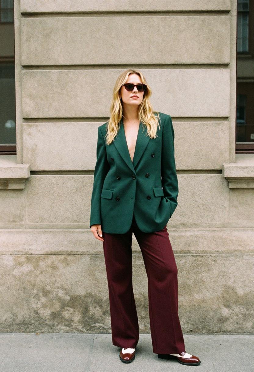 Forest-green blazer with burgundy wide-leg trousers and two-tone brogues