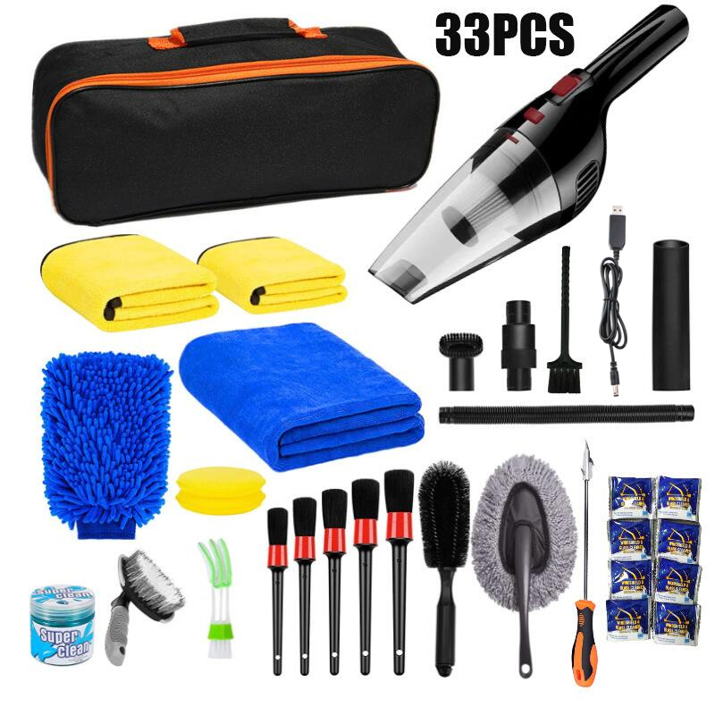 Kit de nettoyage auto complet 33 pièces avec aspirateur, microfibres, brosses et sac de rangement