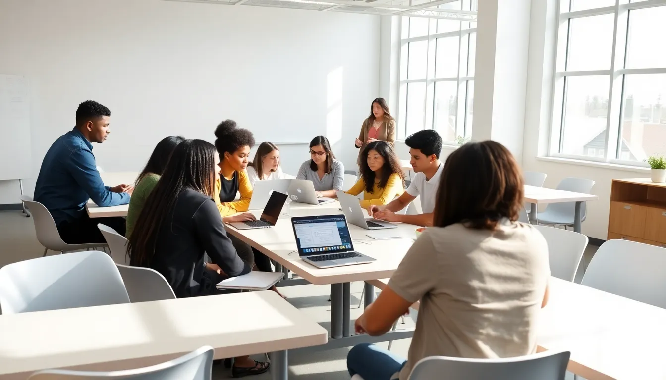 Students in a contemporary coaching classroom using laptops and interactive screens, representing modern education in Bangalore.