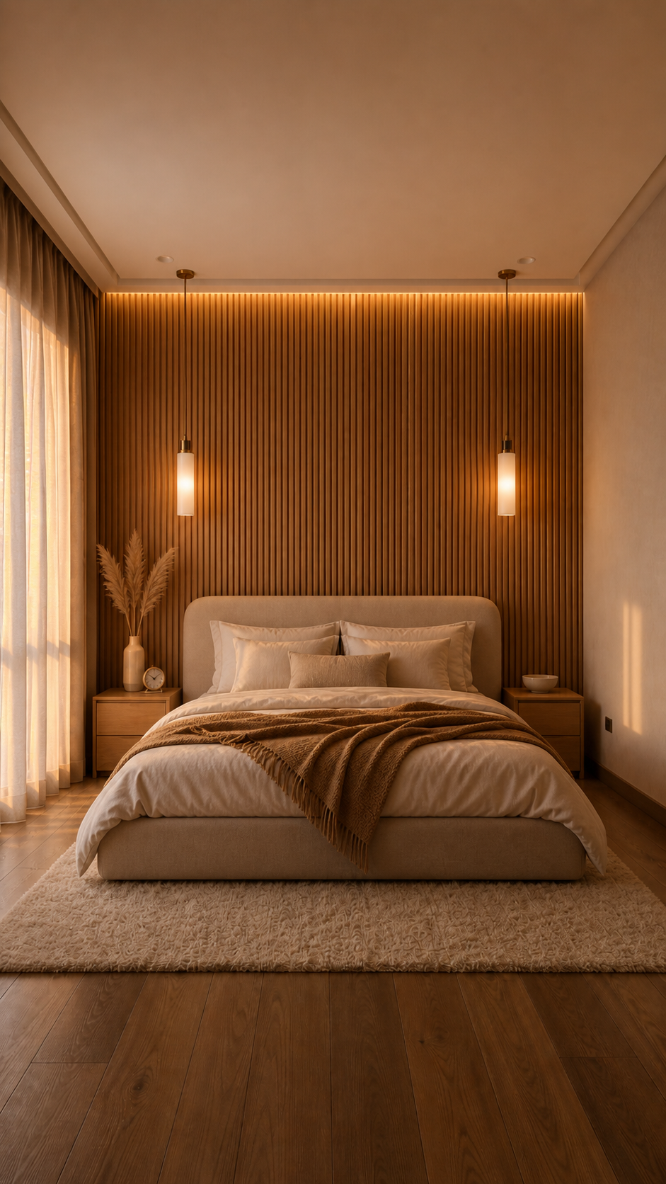 Dormitorio Japandi minimalista con paneles de madera y luces colgantes doradas