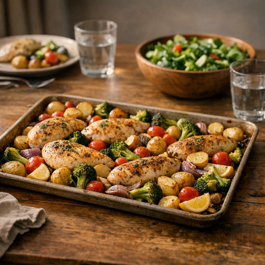 One Pan Chicken Breast Dinner with Potatoes and Green Beans finished dish