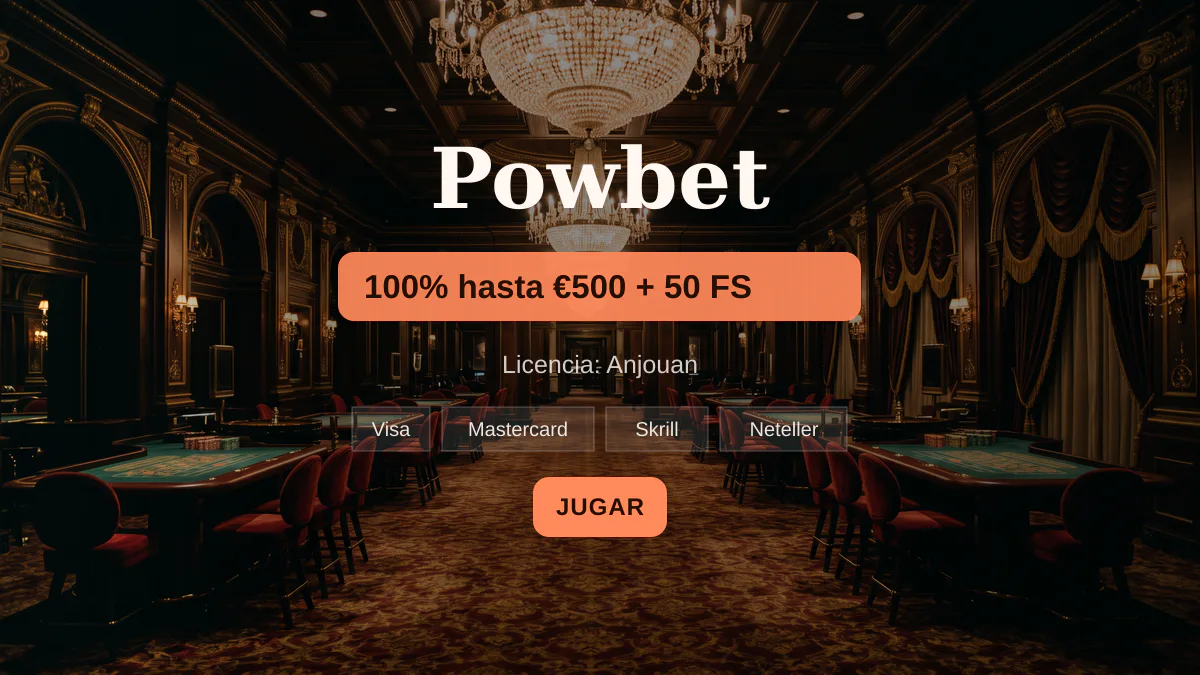 Powbet casino  bono de bienvenida 100% hasta 500 + 50 FS, pagos: Visa, Mastercard, Skrill, Neteller, Paysafecard