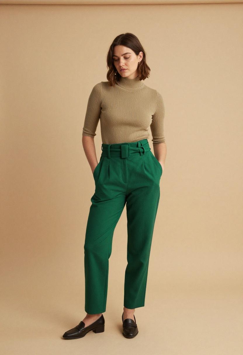 Emerald green tailored trousers with wide waist belt and camel mockneck top for understated office elegance