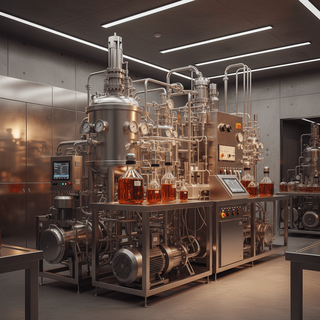 Modern lab scene showing supercritical CO2 extraction equipment with sea buckthorn oil in clean amber glass