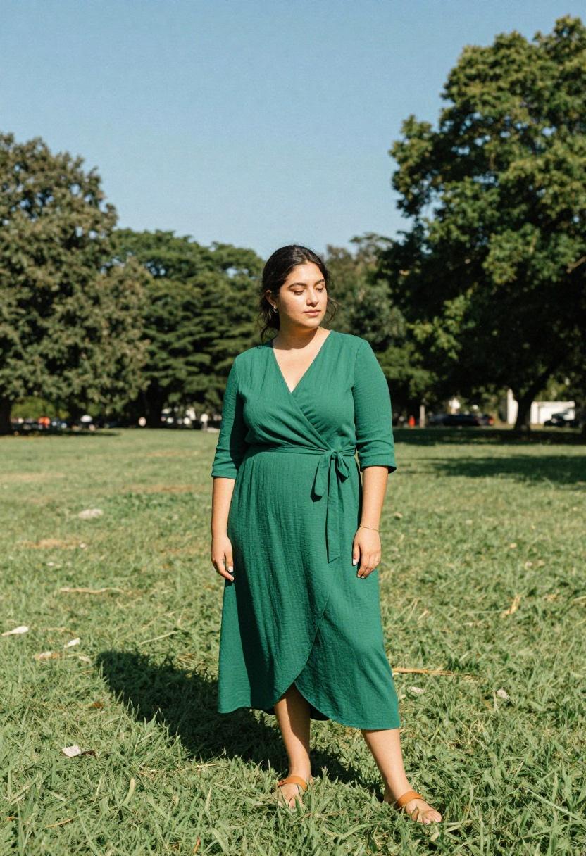Plus size woman in emerald green crepe wrap dress with flowing midi length in outdoor park