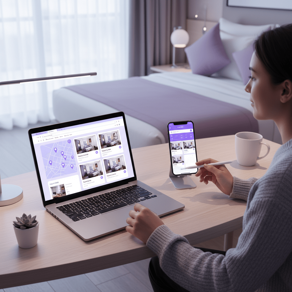 A traveler comparing hotel booking options on laptop and phone
