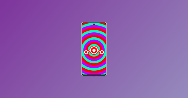 Imagen con fondo gradiente purpura de un teléfono con el icono del Easter Egg de LineageOS hecho por mi