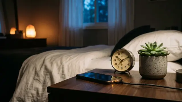 Minimalist nightstand with face-down phone and warm lamp in dimly lit serene bedroom