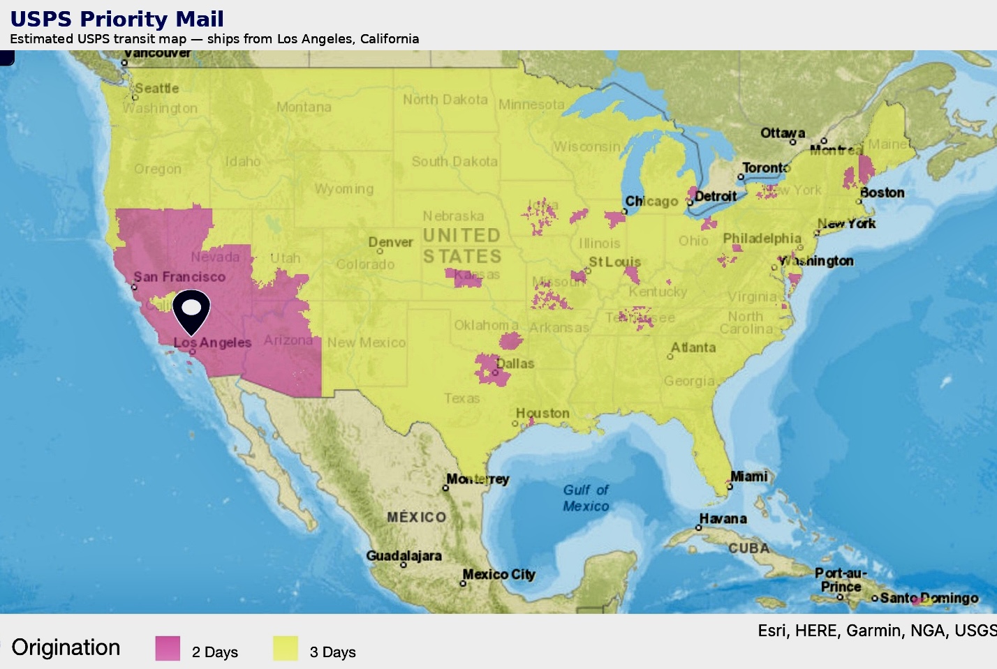 USPS Priority Mail estimated transit map from Los Angeles California