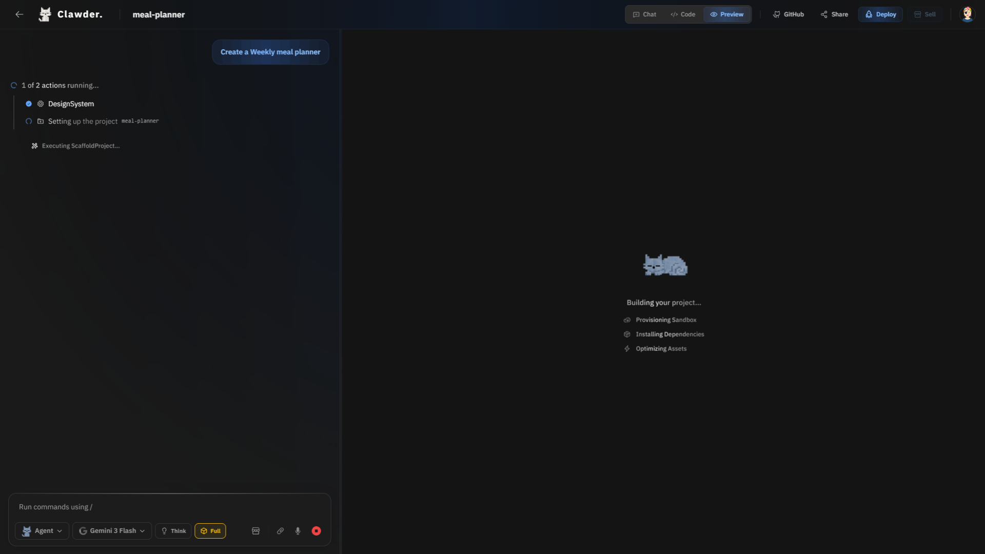 Project creation pending — the agent is building