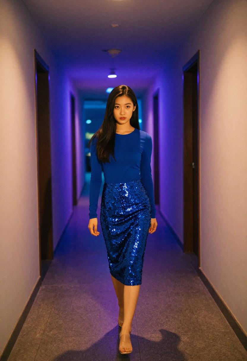 Electric-blue sequined skirt and sapphire top glowing in aquarium tunnel corridor lighting