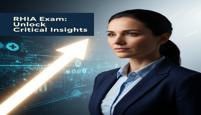 RHIA Exam: Unlock Critical Insights A confident professional looking towards a clear, illuminated path emerging from a complex backdrop of healthcare data, symbolizing critical insights for the RHIA exam success. The image includes the text 'RHIA Exam: Unlock Critical Insights'.