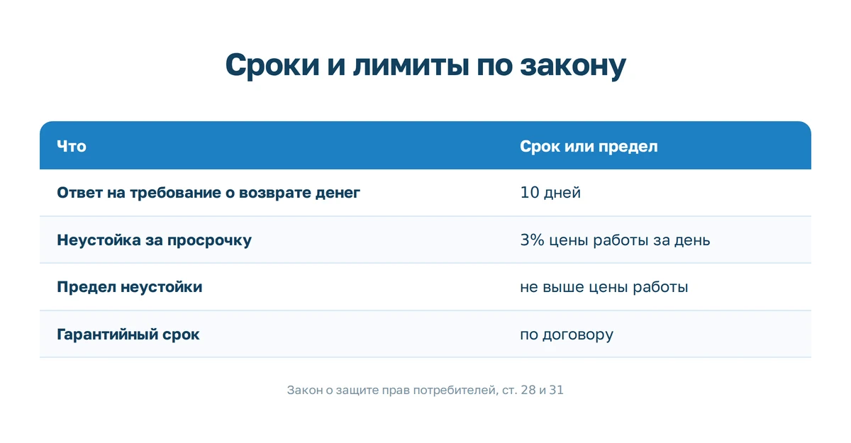 Сроки и лимиты неустойки по ЗоЗПП Таблица: десять дней на возврат денег, три процента цены работы за день просрочки, неустойка не выше цены работы, гарантийный срок по договору