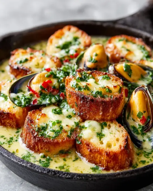 Creamy Saffron Mussel Bisque with Crispy Garlic Croutons