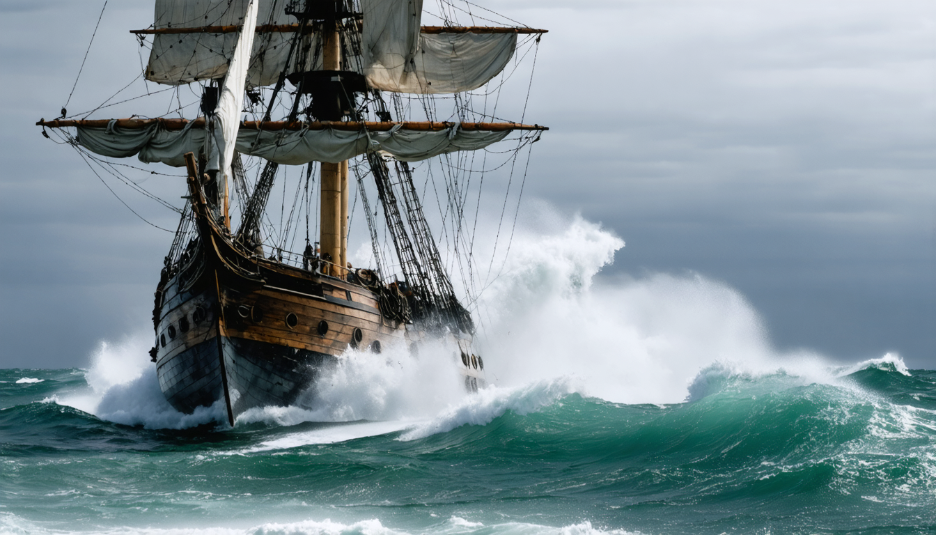 A wooden warship heeling in heavy grey seas under a low overcast sky, spray breaking across the deck, no crew in sight.