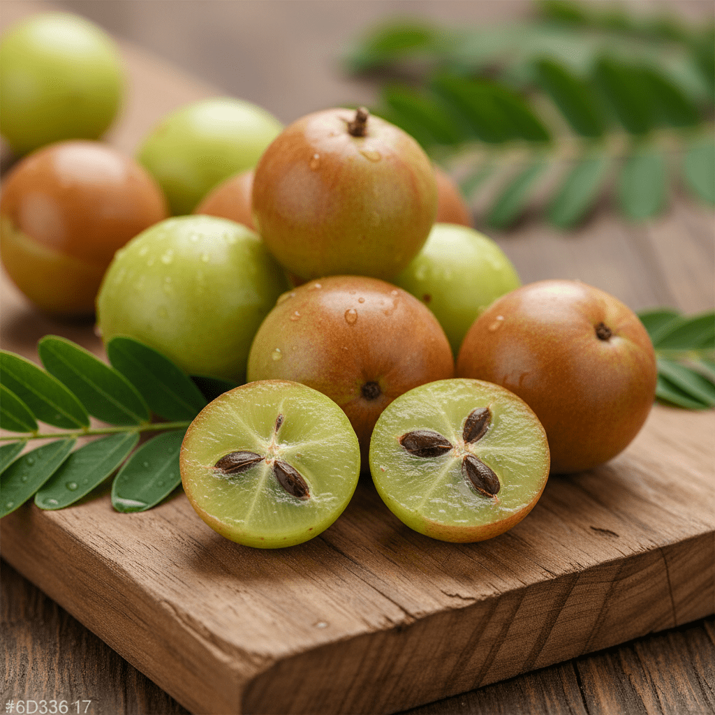 Fresh amla berries and leaves on natural wood