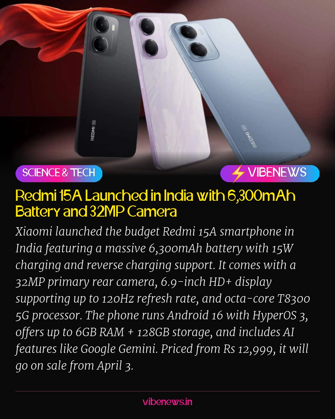Redmi 15A Launched in India with 6,300mAh Battery and 32MP Camera