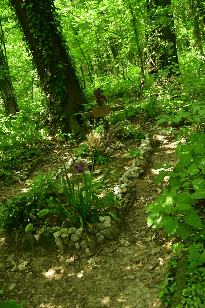 A small grave and cross in the woods of Maksimir Park.
