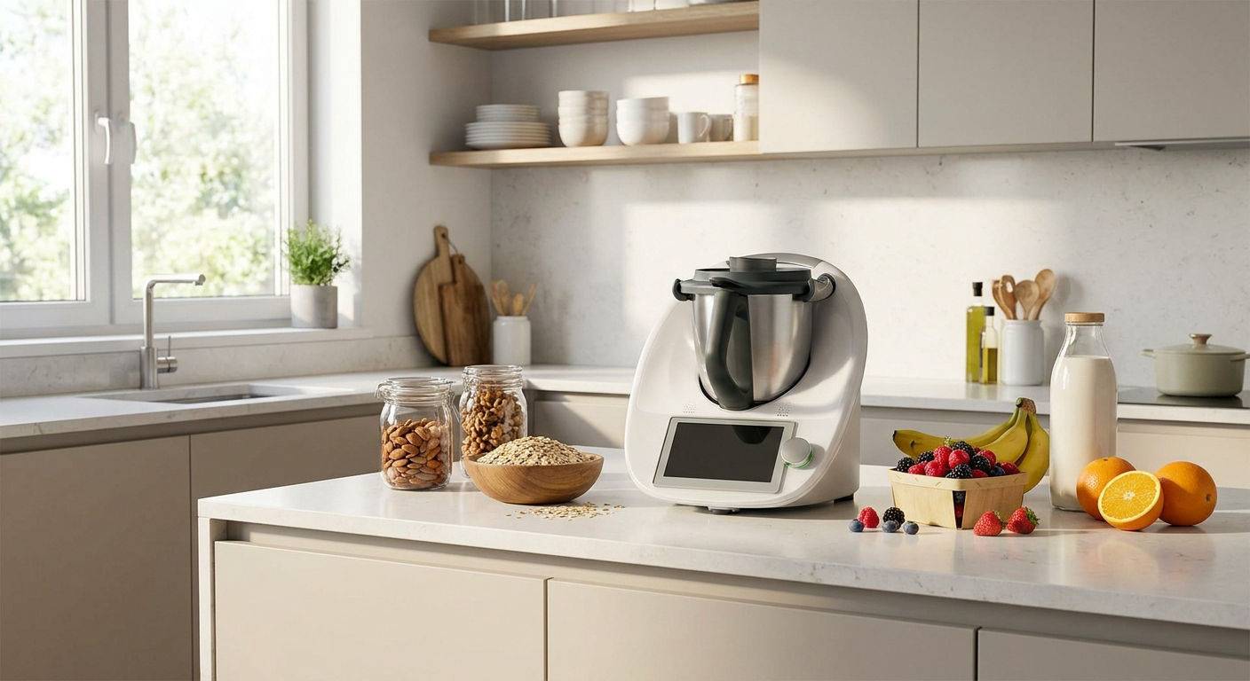 Thermomix w kuchni ze zdrowymi skladnikami sniadaniowymi.
