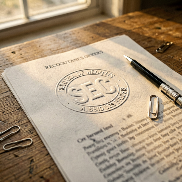 Close-up detail of a government regulatory document with embossed SEC seal, mechanical pencil and paper clips on wood desk, warm afternoon w