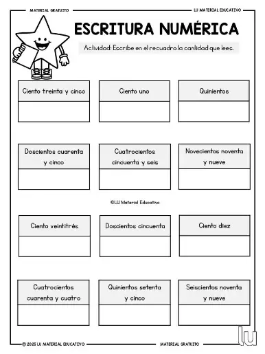Actividad de escritura de números
