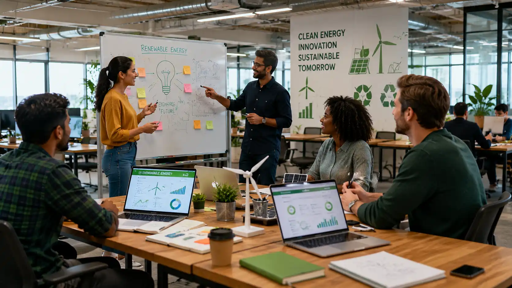 Young entrepreneurs collaborating in a startup office on renewable energy solutions