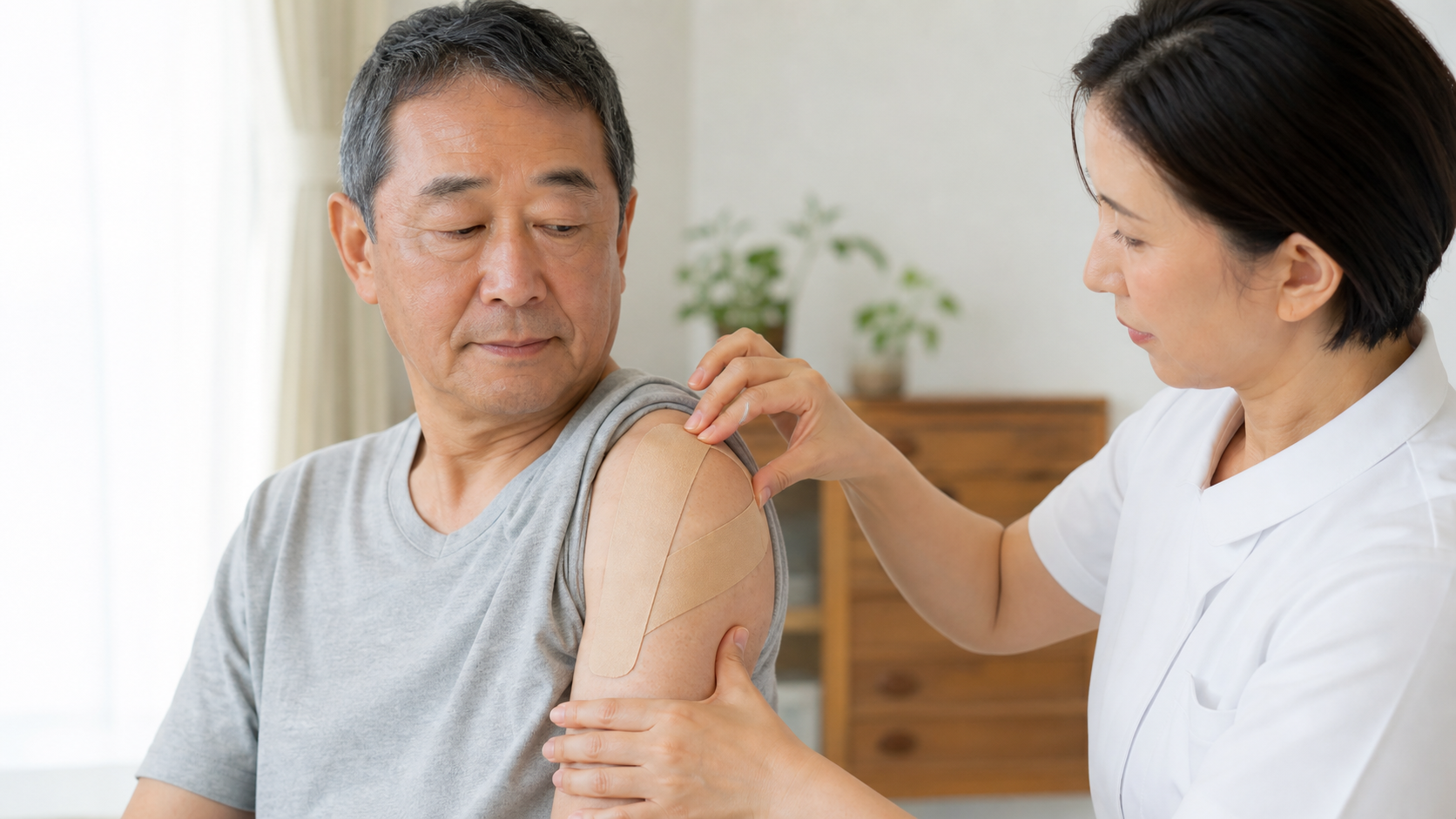 脳卒中後の肩にキネシオテープを貼り皮膚と肩の位置を確認する場面