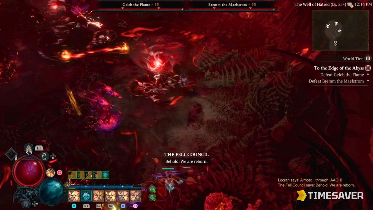 Diablo 4 Fell Council boss encounter at the end of an Infernal Hordes run — council members Geleb the Flame and Bremm the Maelstrom with the "Behold. We are reborn." intro