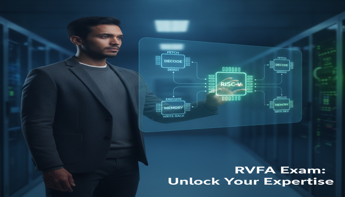 RVFA Exam: Unlock Your Expertise A confident professional understands a glowing holographic projection of RISC-V architecture, symbolizing mastery and career growth for the RVFA exam.