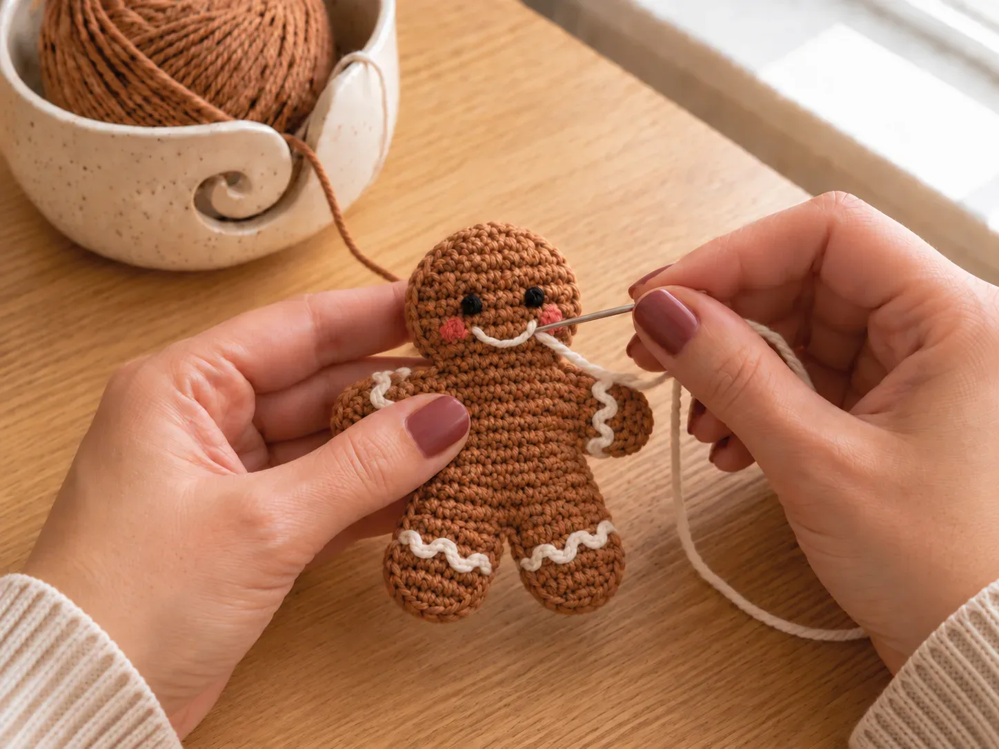 Add the face — Embroider the eyes, smile, and tiny cream icing details.