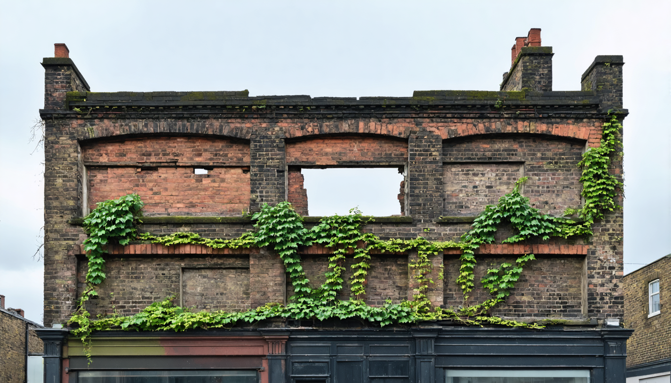 A retained brick facade with an empty construction site visible through its windows, ivy beginning to climb from the base.