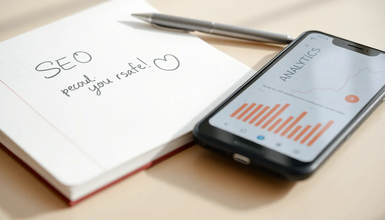 Notebook with SEO strategy notes and a phone showing analytics data.